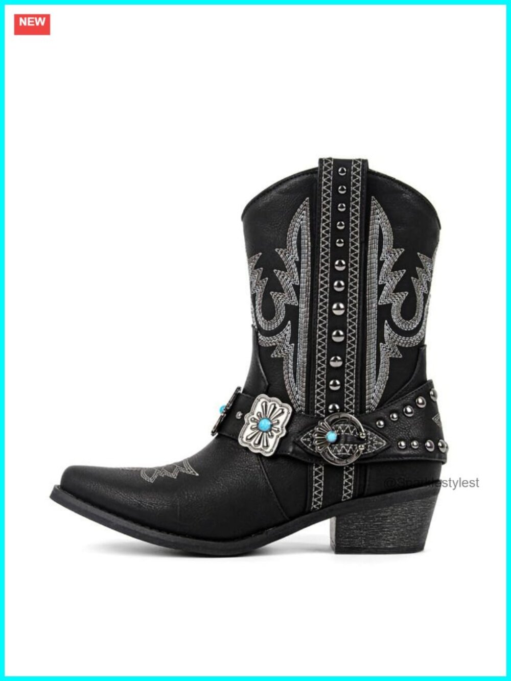 Western Ankle Boots Pointed Toe Embroidery Studded Harness Block Heel